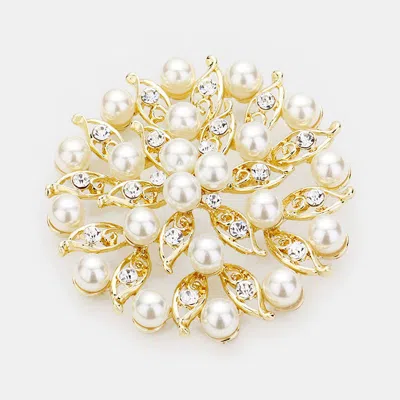 Fashnzfab Pearl Crystal Embellished Leaf Brooch In Gold