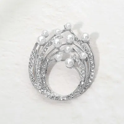 Fashnzfab Pearl Crystal Embellished Pin Brooch In Silver