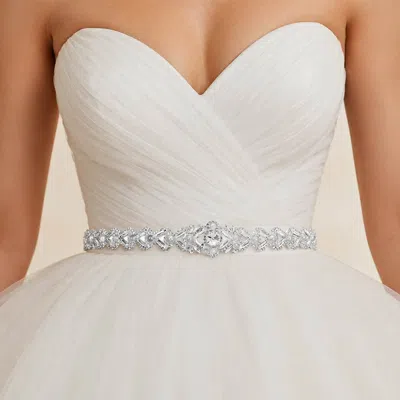 Fashnzfab Pearl Crystal Embellished Sash Ribbon Bridal Wedding Belt Headband In Silver