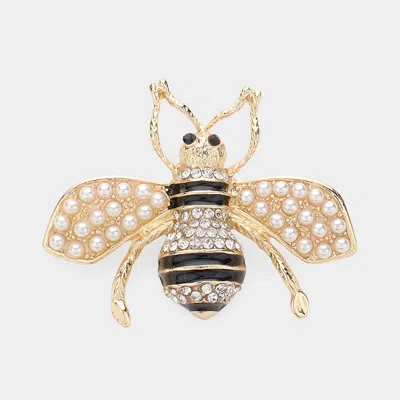 Fashnzfab Pearl Crystal Embellished Tiny Pearl Wing Honey Bee Brooch In Gold