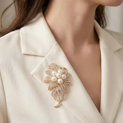 Fashnzfab Pearl Crystal Floral Bouquet Pin Brooch In Gold