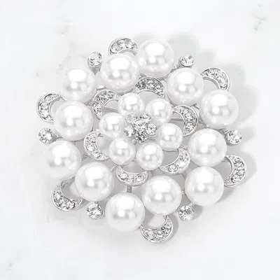 Fashnzfab Pearl Crystal Floral Pin Brooch In Metallic