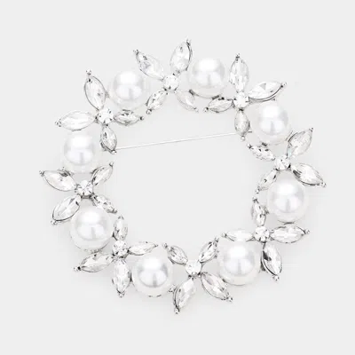 Fashnzfab Pearl Crystal Floral Pin Brooch In White