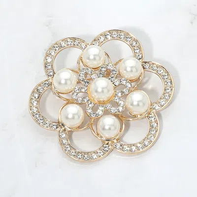 Fashnzfab Pearl Crystal Flower Pin Brooch In Gold