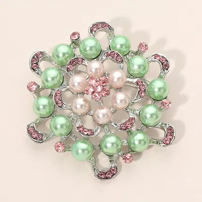 Fashnzfab Pearl Crystal Flower Pin Brooch In Green