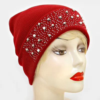 Fashnzfab Pearl Crystal Metal Ball Cluster Beanie Hat In Red