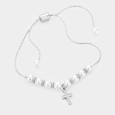 Fashnzfab Pearl Cubic Zirconia Pave Cross Adjustable Bracelet In Multi