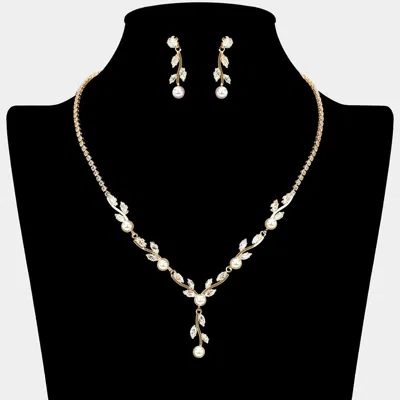 Fashnzfab Pearl Cz Stone Leaf Cluster Rhinestone Paved Y Shape Necklace - Cream, Gold