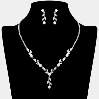 Fashnzfab Pearl Cz Stone Leaf Cluster Rhinestone Paved Y Shape Necklace - Silver, White