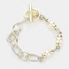 Fashnzfab Pearl Cz Stone Pointed Two Tone Textured Metal Link Toggle Bracelet In Gold