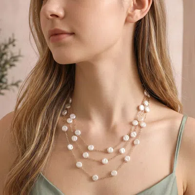 Fashnzfab Pearl Disc Station Triple Layered Necklace In Silver
