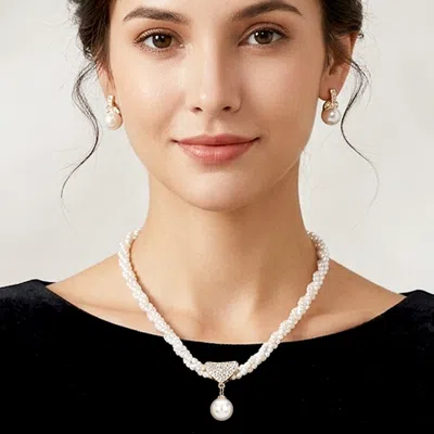 Fashnzfab Pearl Drop Pendant Twisted Beaded Chain Necklace In White