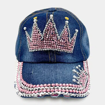 Fashnzfab Pearl Embellished Bling Crown Studded Baseball Cap In Blue
