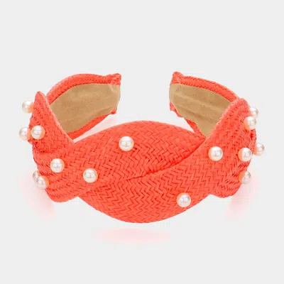 Fashnzfab Pearl Embellished Braided Straw Headband In Orange