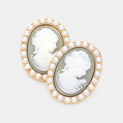 Fashnzfab Pearl Embellished Cameo Stud Earrings - Gray In Gold