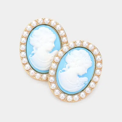Fashnzfab Pearl Embellished Cameo Stud Earrings In Blue
