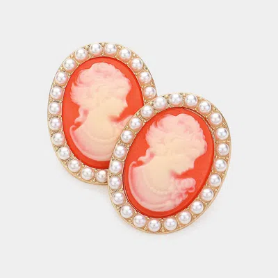 Fashnzfab Pearl Embellished Cameo Stud Earrings In Gold