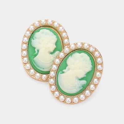Fashnzfab Pearl Embellished Cameo Stud Earrings In Green