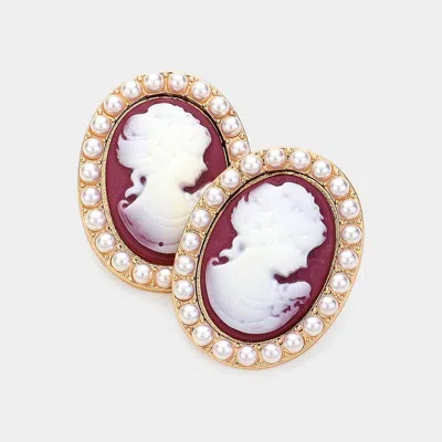 Fashnzfab Pearl Embellished Cameo Stud Earrings In Brown