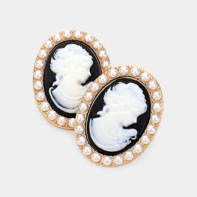 Fashnzfab Pearl Embellished Cameo Stud Earrings In Silver