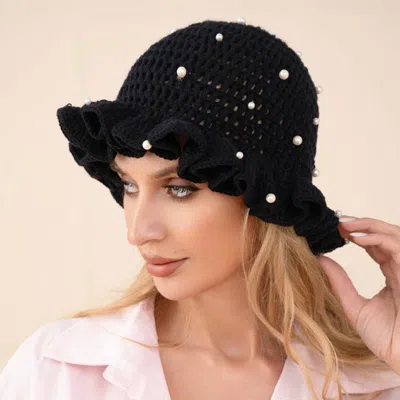 Fashnzfab Pearl Embellished Chunky Crochet Bucket Hat In Black