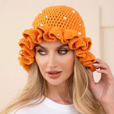 Fashnzfab Pearl Embellished Chunky Crochet Bucket Hat In Orange