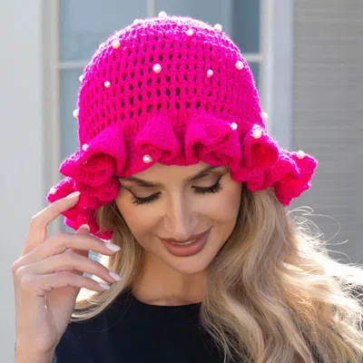 Fashnzfab Pearl Embellished Chunky Crochet Bucket Hat In Pink