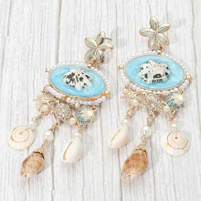Fashnzfab Pearl Embellished Coastal Shell Charm Drop Statement Earrings Aqua, Gold, Neutral In Blue