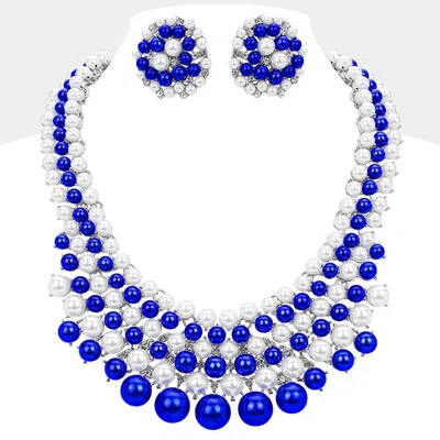 Fashnzfab Pearl Embellished Collar Necklace - Royal Blue, White