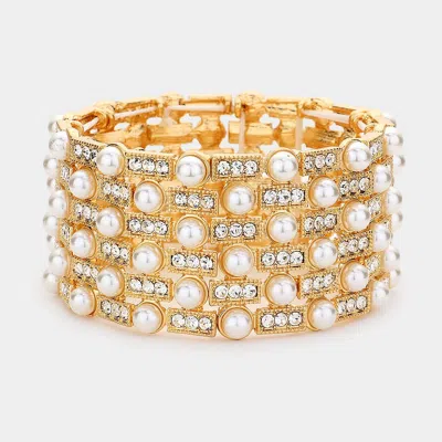 Fashnzfab Pearl Embellished Crystal Stretch Evening Bracelet Cream, Gold