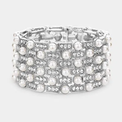 Fashnzfab Pearl Embellished Crystal Stretch Evening Bracelet Rhodium, White In Multi