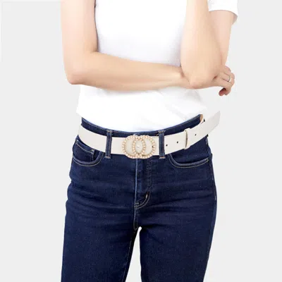 Fashnzfab Pearl Embellished Double Open Circle Accented Faux Leather Belt In White