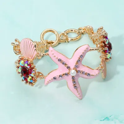Fashnzfab Pearl Embellished Enamel Starfish Seashell Link Toggle Bracelet In Pink