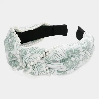 Fashnzfab Pearl Embellished Flower Patterned Knot Burnout Headband In Green