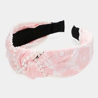 Fashnzfab Pearl Embellished Flower Patterned Knot Burnout Headband In Pink