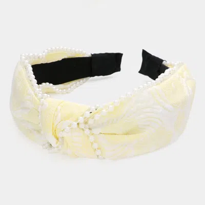 Fashnzfab Pearl Embellished Flower Patterned Knot Burnout Headband In Yellow