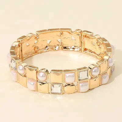 Fashnzfab Pearl Embellished Geometric Double Row Stretch Bracelet Gold