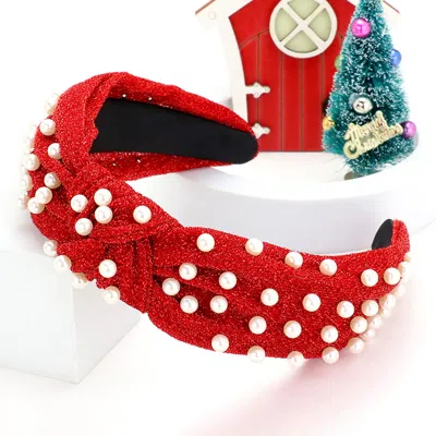 Fashnzfab Pearl Embellished Glittered Fabric Knot Headband In Red