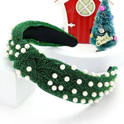 Fashnzfab Pearl Embellished Glittered Fabric Knot Headband In Green