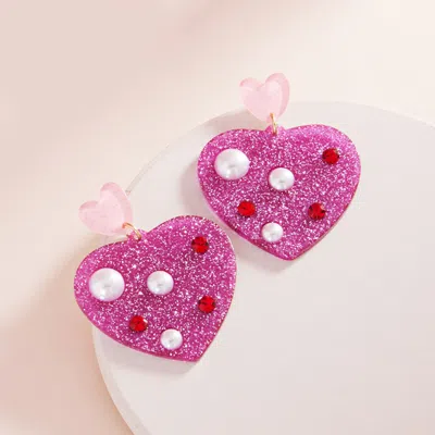 Fashnzfab Pearl Embellished Glittered Resin Heart Dangle Earrings In Pink