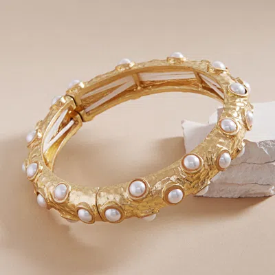 Fashnzfab Pearl Embellished Hammered Metal Stretch Bracelet Matte Gold