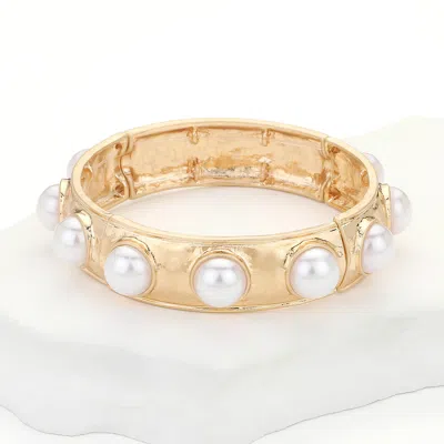 Fashnzfab Pearl Embellished Hammered Metal Stretch Bracelet In Purple