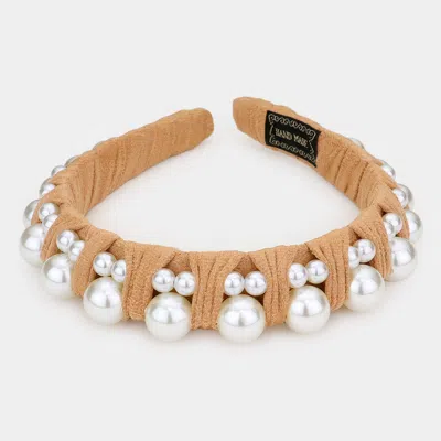 Fashnzfab Pearl Embellished Headband In Brown