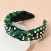 Fashnzfab Pearl Embellished Holiday Plaid Knot Headband In Green