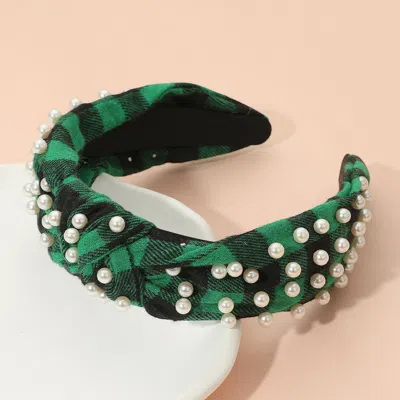 Fashnzfab Pearl Embellished Holiday Plaid Knot Headband In Green