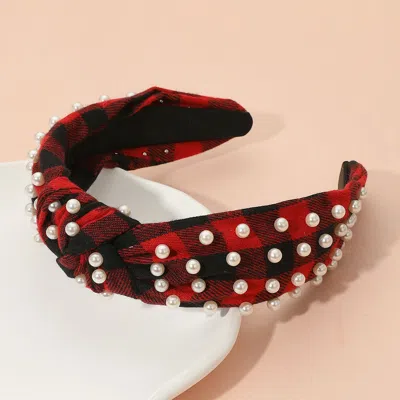 Fashnzfab Pearl Embellished Holiday Plaid Knot Headband In Red