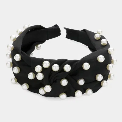 Fashnzfab Pearl Embellished Knot Burnout Headband In Black