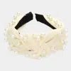 Fashnzfab Pearl Embellished Knot Burnout Headband In Neutral