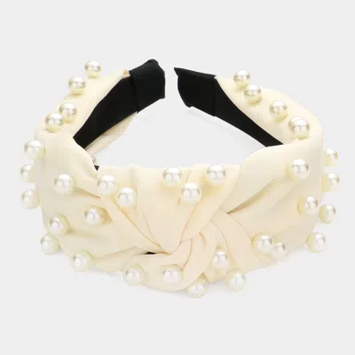 Fashnzfab Pearl Embellished Knot Burnout Headband In Neutral