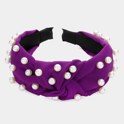 Fashnzfab Pearl Embellished Knot Burnout Headband In Purple
